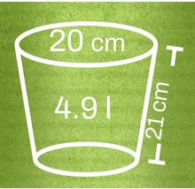 Skizze eines Pflanzgefäßes mit den Maßen 20 cm Durchmesser oben, 21 cm Höhe und 4,91 Liter Volumen