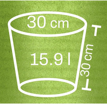 Skizze eines Pflanzgefäßes mit den Maßen 30 cm Durchmesser, 30 cm Höhe und 15,91 Liter Volumen