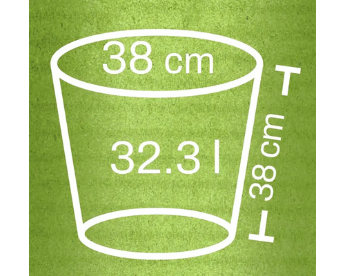 Skizze eines Pflanzgefäßes mit den Maßen 38 Zentimeter Durchmesser, 38 Zentimeter Höhe und 32,31 Liter Volumen