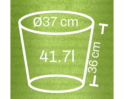 Skizze eines Pflanzgefäßes mit den Maßen 37 Zentimeter Durchmesser, 36 Zentimeter Höhe und 41,71 Liter Volumen
