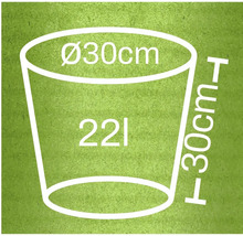 Skizze eines Pflanzgefäßes mit den Maßen 30 Zentimeter Durchmesser, 30 Zentimeter Höhe und 22 Liter Volumen