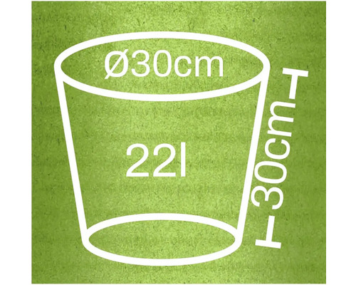Skizze eines Pflanzgefäßes mit den Maßen 30 Zentimeter Durchmesser, 30 Zentimeter Höhe und 22 Liter Volumen