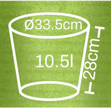 Illustration eines Pflanzgefäßes mit den Maßen 33,5 cm Durchmesser, 28 cm Höhe und 10,5 Liter Volumen