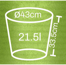 Illustration eines Pflanzkübels mit den Maßen Durchmesser 43 Zentimeter, Höhe 33,5 Zentimeter und einem Volumen von 21,5 Liter.