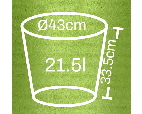 Illustration eines Pflanzkübels mit den Maßen Durchmesser 43 Zentimeter, Höhe 33,5 Zentimeter und einem Volumen von 21,5 Liter.