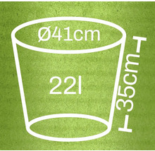 Illustration eines Pflanzgefäßes mit den Maßen 41 cm Durchmesser, 35 cm Höhe und 22 Liter Volumen