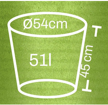 Technische Zeichnung eines Pflanzkübels mit den Maßen Durchmesser 54 Zentimeter, Höhe 45 Zentimeter und Volumen 51 Liter