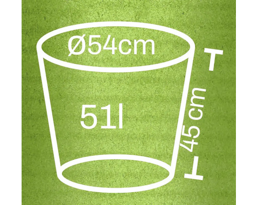 Technische Zeichnung eines Pflanzkübels mit den Maßen Durchmesser 54 Zentimeter, Höhe 45 Zentimeter und Volumen 51 Liter