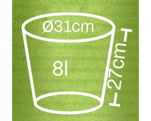 Abbildung mit Maßangaben: Durchmesser 31 Zentimeter, Höhe 27 Zentimeter, Volumen 8 Liter