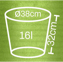 Abbildung eines Pflanzgefäßes mit den Maßen Durchmesser 38 cm, Höhe 32 cm und 16 Liter Volumen