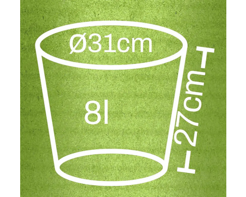 Skizze eines Pflanzgefäßes mit den Maßen 31 Zentimeter Durchmesser und 27 Zentimeter Höhe, Fassungsvermögen acht Liter