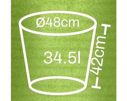 Diagramm eines Pflanzgefäßes mit den Maßen 48 Zentimeter Durchmesser, 42 Zentimeter Höhe und 34,51 Liter Volumen