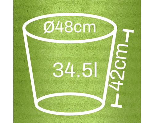 Illustration eines Pflanzgefäßes mit den Maßen Durchmesser 48 cm, Höhe 42 cm und 34,51 Liter Volumen
