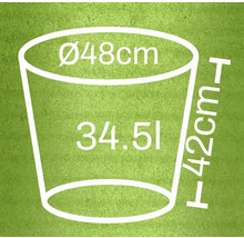 Skizze eines Blumentopfes mit den Maßen: Durchmesser 48 cm, Höhe 42 cm, Volumen 34,5 Liter
