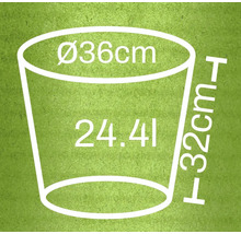 Technische Zeichnung eines Pflanzgefäßes mit den Maßen 36 cm Durchmesser, 32 cm Höhe und 24,41 Liter Volumen