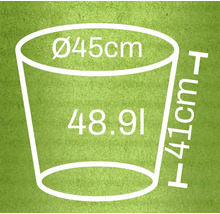 Skizze eines Pflanzgefäßes mit Maßangaben: Durchmesser 45 cm, Höhe 41 cm, Volumen 48,91 Liter
