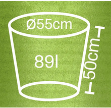 Diagramm eines Pflanzgefäßes mit den Maßen 55 Zentimeter Durchmesser, 50 Zentimeter Höhe und 89 Liter Volumen