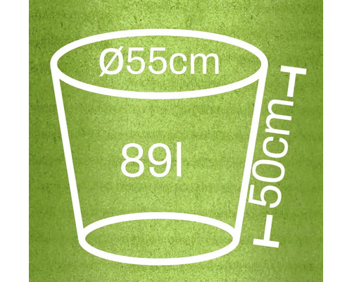 Diagramm eines Pflanzgefäßes mit den Maßen 55 Zentimeter Durchmesser, 50 Zentimeter Höhe und 89 Liter Volumen