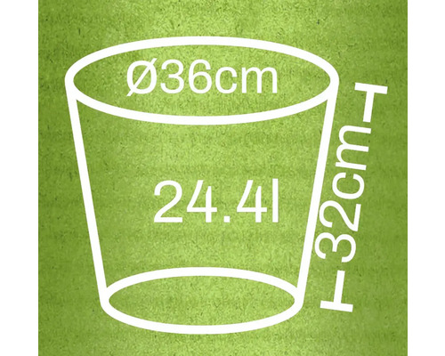 Pflanzkübel mit den Maßen Durchmesser 36 cm, Höhe 32 cm und Volumen 24,4 Liter.
