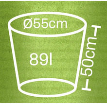 Illustration eines Pflanzgefäßes mit den Maßen 55 cm Durchmesser, 50 cm Höhe und 89 Litern Volumen