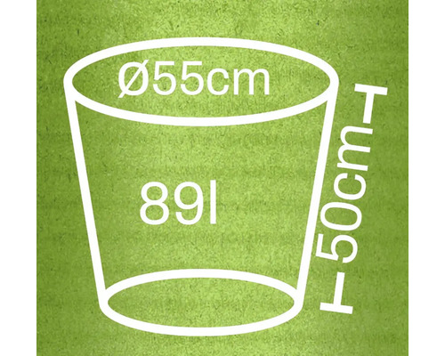 Illustration eines Pflanzgefäßes mit den Maßen 55 cm Durchmesser, 50 cm Höhe und 89 Litern Volumen