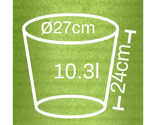 Illustration eines Pflanzgefäßes mit den Maßen Durchmesser 27 cm, Höhe 24 cm und einem Volumen von 10,3 Liter