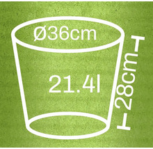 Skizze eines Blumentopfes mit den Maßen Durchmesser 36 cm, Höhe 28 cm und Volumen 21,41 Liter