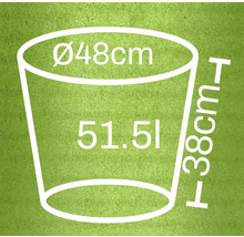 Technische Zeichnung eines Pflanzgefäßes mit den Maßen 48 Zentimeter Durchmesser, 38 Zentimeter Höhe und 51,51 Liter Volumen
