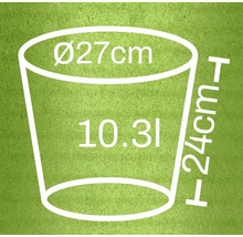 Diagramm mit den Maßen eines Pflanzgefäßes: 27 Zentimeter Durchmesser, 24 Zentimeter Höhe, 10,3 Liter Volumen