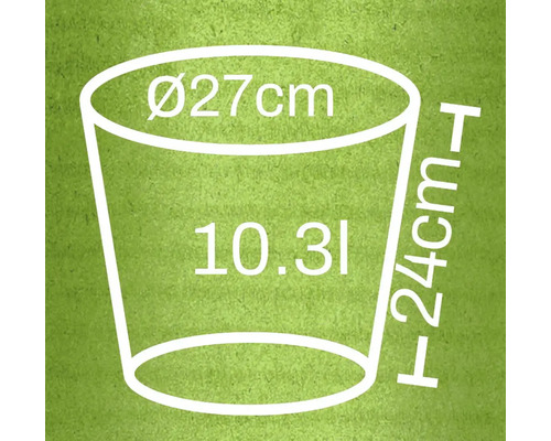 Diagramm mit den Maßen eines Pflanzgefäßes: 27 Zentimeter Durchmesser, 24 Zentimeter Höhe, 10,3 Liter Volumen