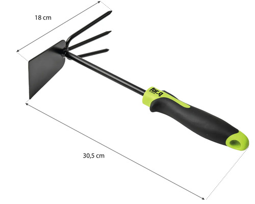 Gartenhacke mit drei Zinken und einer Breite von 18 cm sowie einer Länge von 30,5 cm