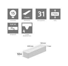 15 Jahre Garantie, Nutzungsklasse 31, 7 Millimeter Dicke, CLIC it! Verlegesystem, 4-seitige Fase. Maße 1292 mal 193 mal 7 Millimeter, 10 Stück.