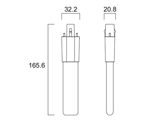 Maßzeichnung einer Lampe mit den Abmessungen 165,6 Millimeter Höhe, 32,2 Millimeter Breite und 20,8 Millimeter Tiefe.