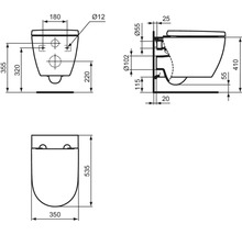 Maßzeichnung einer Wand-Toilette mit Frontansicht, Seitenansicht und Draufsicht in Millimeter.