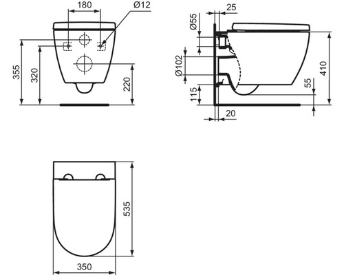 Maßzeichnung einer Wand-Toilette mit Frontansicht, Seitenansicht und Draufsicht in Millimeter.