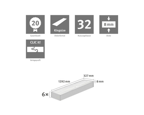20 Jahre Garantie, Kingsize Format, Nutzungsklasse 32, 8 Millimeter Dicke, CLIC it Verlegeprofil. 6 Stück, Maße 1292 mal 327 mal 8 Millimeter.