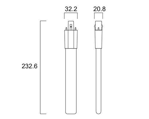 Maßzeichnung Leuchtmittel, Länge 232,6 Millimeter, Breite 32,2 Millimeter, Tiefe 20,8 Millimeter.