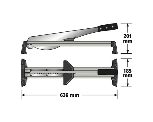 Laminatschneider in der Seiten- und Draufsicht mit Maßangaben: Länge 636 Millimeter, Höhe 201 Millimeter, Breite 185 Millimeter.