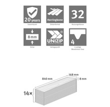 Boden: 20 Jahre Garantie, Fischgräte, Nutzungsklasse 32, UNIZIP-Profil, 4-seitige Woodvision-Fase. Maße 840 mal 168 mal 8 Millimeter, 14 Stück.