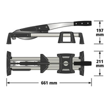 Laminatschneider mit Maßangaben: Länge 661 Millimeter, Höhe 197 Millimeter und Breite 211 Millimeter.