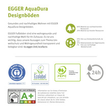EGGER AquaDura Designböden mit Blauer Engel, Europäisches Ecolabel, PEFC, 24 Stunden Wasserresistenz und A Plus Emissionsklasse Zertifikaten.