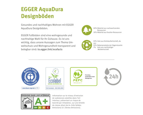 EGGER AquaDura Designböden mit Blauer Engel, Europäisches Ecolabel, PEFC, 24 Stunden Wasserresistenz und A Plus Emissionsklasse Zertifikaten.
