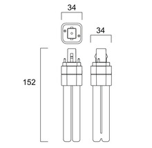 Technische Zeichnung eines Leuchtmittels mit Maßangaben von 152 Millimeter Höhe und 34 Millimeter Breite.