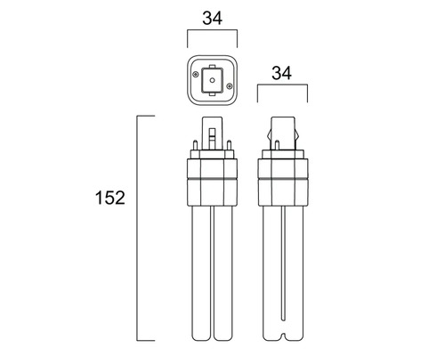 Technische Zeichnung eines Leuchtmittels mit Maßangaben von 152 Millimeter Höhe und 34 Millimeter Breite.