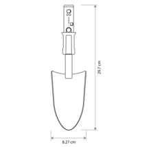 Maßzeichnung einer Pflanzkelle mit einer Länge von 29,7 Zentimeter und einer Breite von 8,27 Zentimeter.