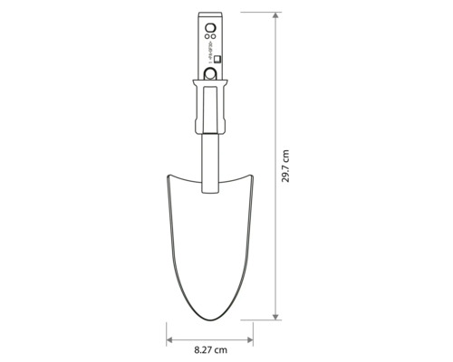 Maßzeichnung einer Pflanzkelle mit einer Länge von 29,7 Zentimeter und einer Breite von 8,27 Zentimeter.