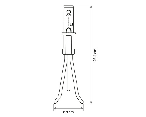 Technische Zeichnung eines Kleingrubbers mit Maßangaben: Höhe 23,4 Zentimeter und Breite 6,9 Zentimeter.