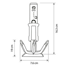 Technische Zeichnung eines Dübels mit Maßangaben: Gesamthöhe 16,3 Zentimeter, Breite 7,6 Zentimeter und eine Teilhöhe von 19 Zentimeter.