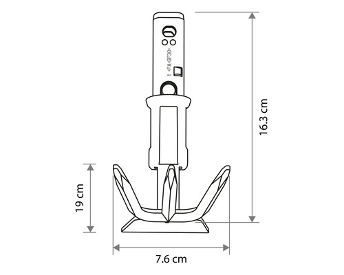 Technische Zeichnung eines Dübels mit Maßangaben: Gesamthöhe 16,3 Zentimeter, Breite 7,6 Zentimeter und eine Teilhöhe von 19 Zentimeter.