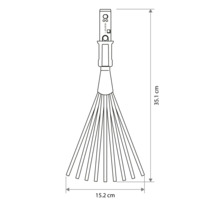 Technische Zeichnung eines Fächerbesens mit den Maßen: Länge 35,1 Zentimeter und Breite 15,2 Zentimeter.